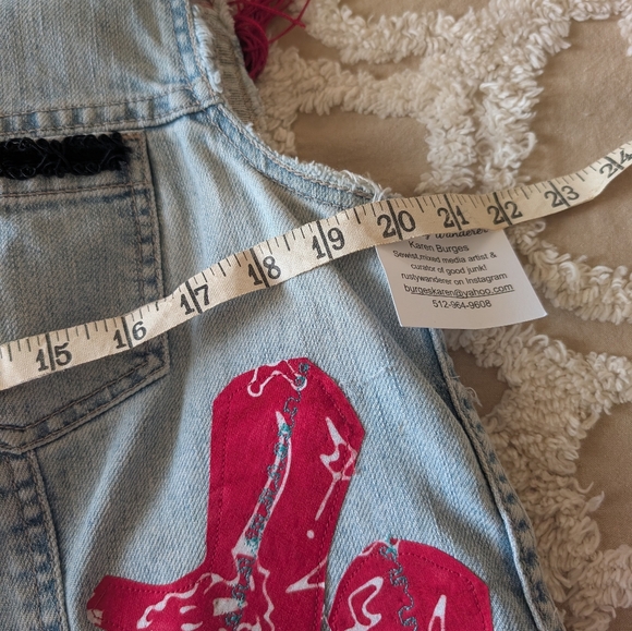 Denim vest, embellished w fabrics, fringe, cowboy boot patch, HANDMADE ITEM - Picture 9 of 11